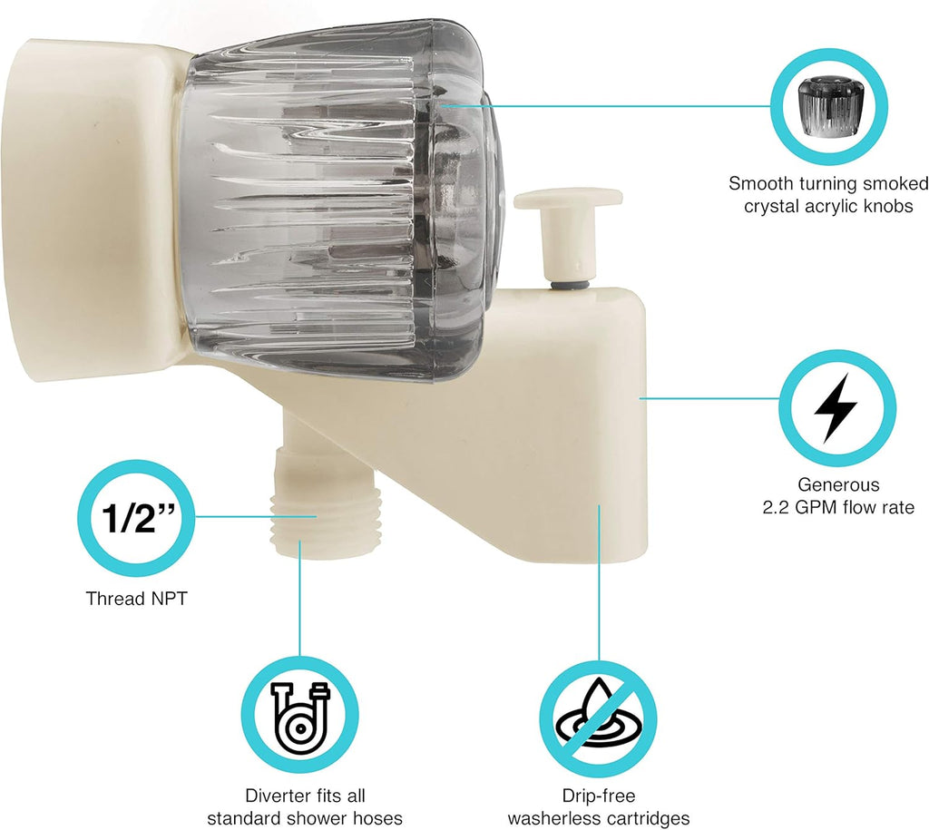 DF-SA110S-BQ RV Tub & Shower Faucet Valve Diverter with Smoked Acrylic Knobs (Bisque Parchment)