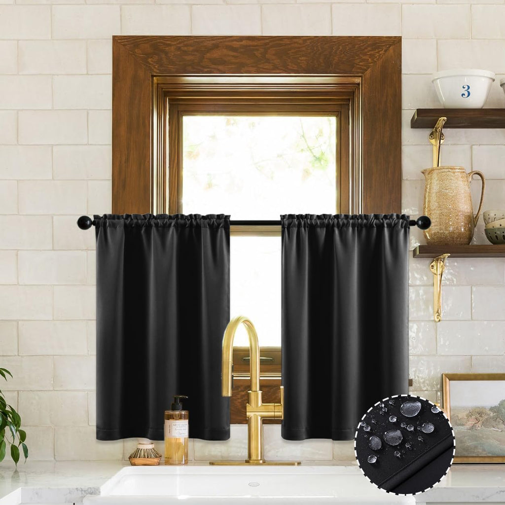 24 Inch Kitchen Small Window Curtains over Sink Waterproof Blackout RV Blinds for Camper Windows Trailer inside Accessories,Black